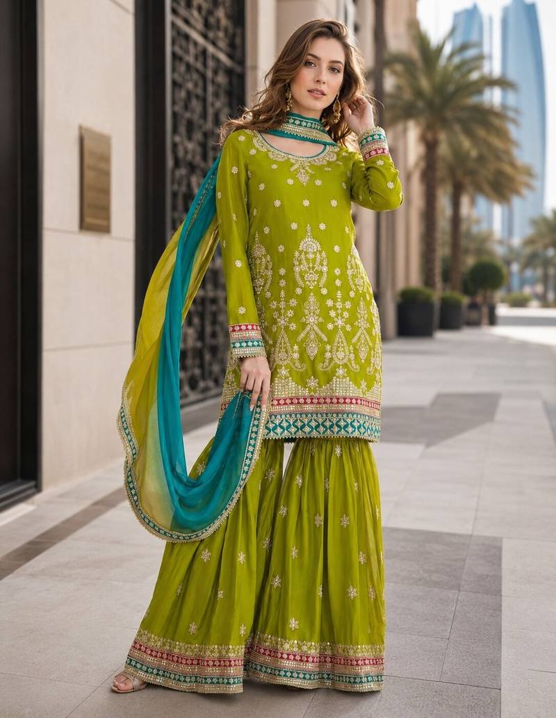 green embroidered silk blend chiffon salwar suit