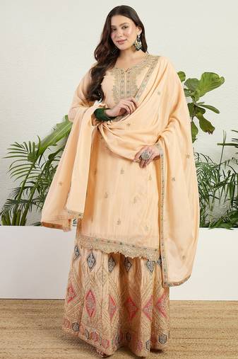 Saahmriga Cream Chinon Stitched Top With lehenga and Dupatta Full Sleeve Embroidered Lehenga Set