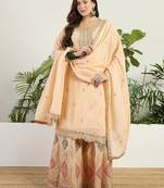 Saahmriga Cream Chinon Stitched Top With lehenga and Dupatta Full Sleeve Embroidered Lehenga Set