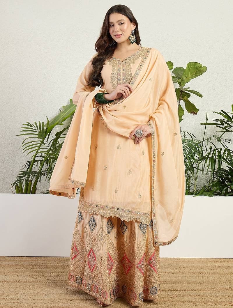 Saahmriga Cream Chinon Stitched Top With lehenga and Dupatta Full Sleeve Embroidered Lehenga Set