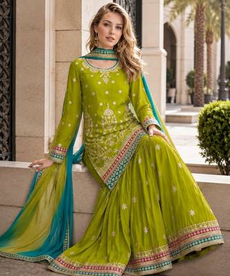 green embroidered silk blend chiffon salwar suit 2