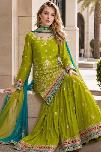 green embroidered silk blend chiffon salwar suit