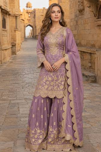 purple embroidered shimmer salwar suit