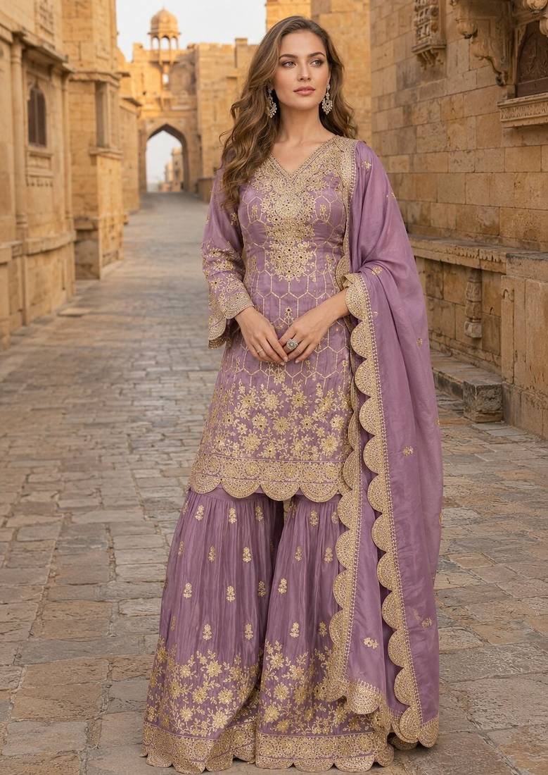 purple embroidered shimmer salwar suit