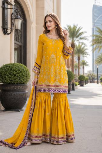 yellow embroidered silk blend chiffon salwar suit