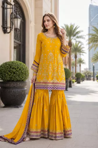 yellow embroidered silk blend chiffon salwar suit