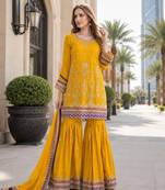 yellow embroidered silk blend chiffon salwar suit