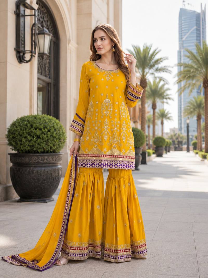 yellow embroidered silk blend chiffon salwar suit