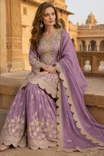 purple embroidered shimmer salwar suit