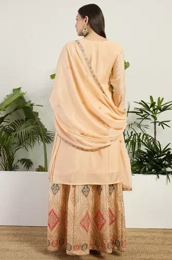 Saahmriga Cream Chinon Stitched Top With lehenga and Dupatta Full Sleeve Embroidered Lehenga Set