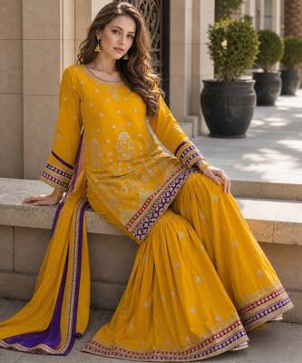 yellow embroidered silk blend chiffon salwar suit 2