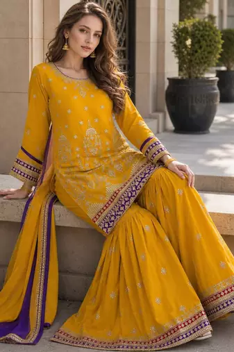 yellow embroidered silk blend chiffon salwar suit