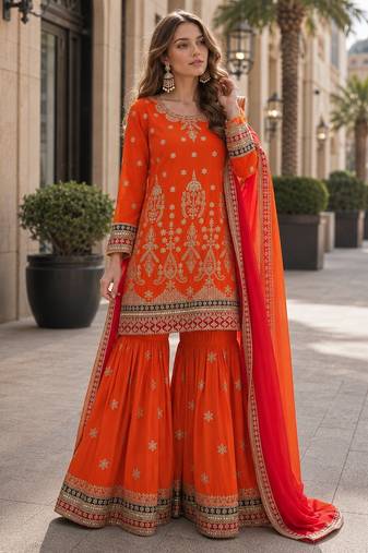 orange embroidered silk blend chiffon salwar suit