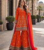 orange embroidered silk blend chiffon salwar suit