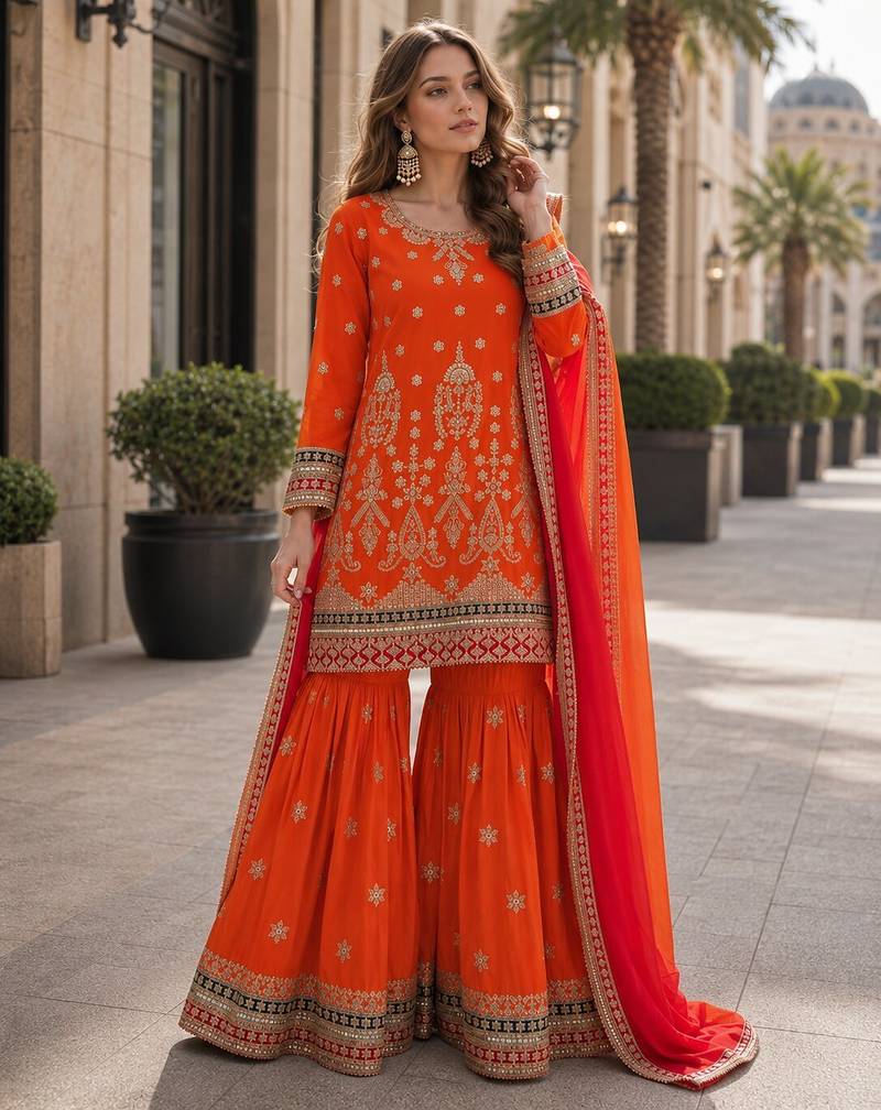 orange embroidered silk blend chiffon salwar suit