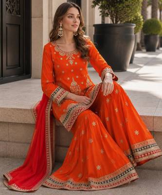orange embroidered silk blend chiffon salwar suit 2