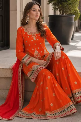 orange embroidered silk blend chiffon salwar suit