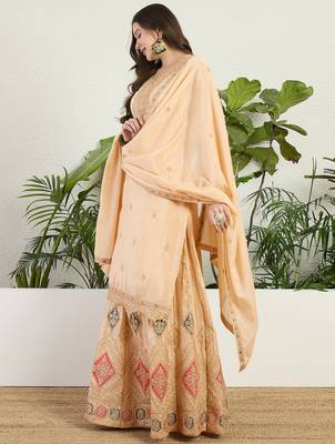 Saahmriga Cream Chinon Stitched Top With lehenga and Dupatta Full Sleeve Embroidered Lehenga Set 3