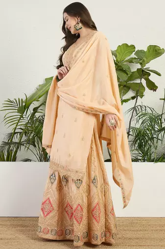 Saahmriga Cream Chinon Stitched Top With lehenga and Dupatta Full Sleeve Embroidered Lehenga Set