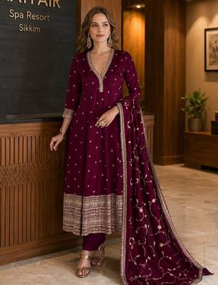 maroon embroidered silk blend anarkali salwar suit - free size 1