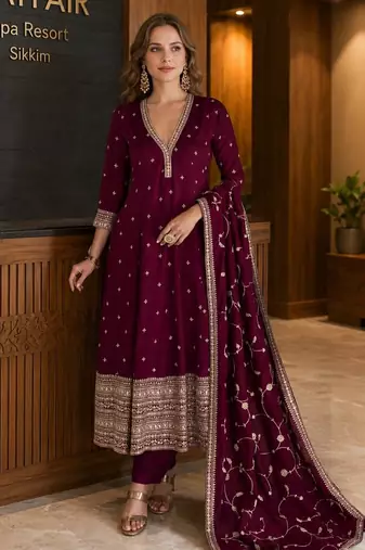 maroon embroidered silk blend anarkali salwar suit - free size