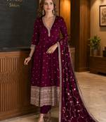 maroon embroidered silk blend anarkali salwar suit - free size