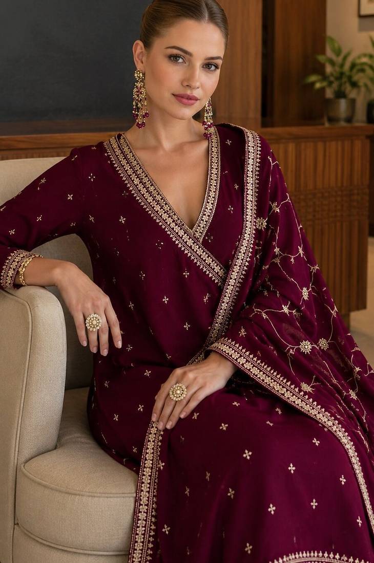 maroon embroidered silk blend anarkali salwar suit - free size