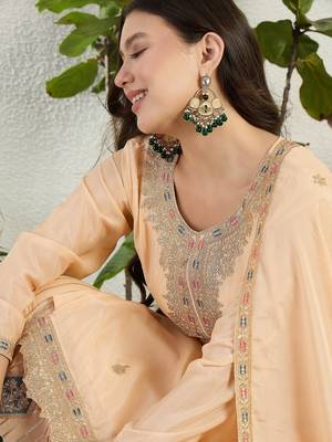 Saahmriga Cream Chinon Stitched Top With lehenga and Dupatta Full Sleeve Embroidered Lehenga Set 4