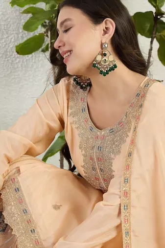 Saahmriga Cream Chinon Stitched Top With lehenga and Dupatta Full Sleeve Embroidered Lehenga Set