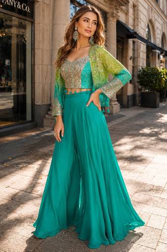 teal blue digital print silk blend indo western