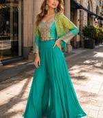 teal blue digital print silk blend indo western