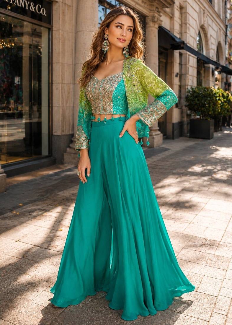 teal blue digital print silk blend indo western