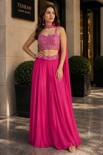 magenta sequins silk blend indo western - free size