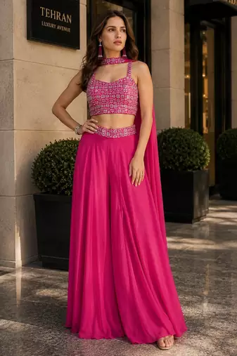 magenta sequins silk blend indo western - free size
