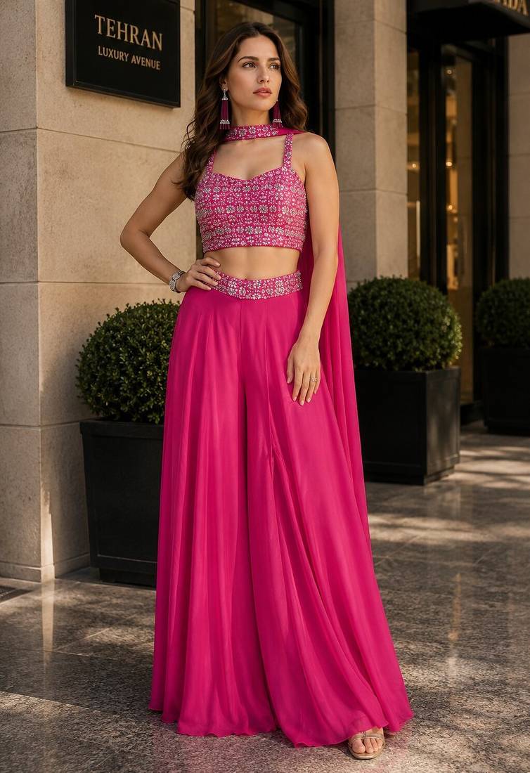 magenta sequins silk blend indo western - free size