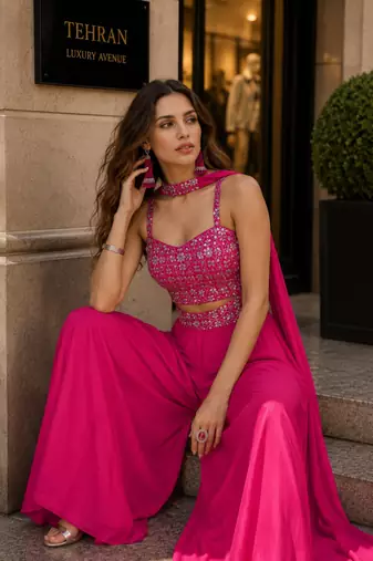 magenta sequins silk blend indo western - free size