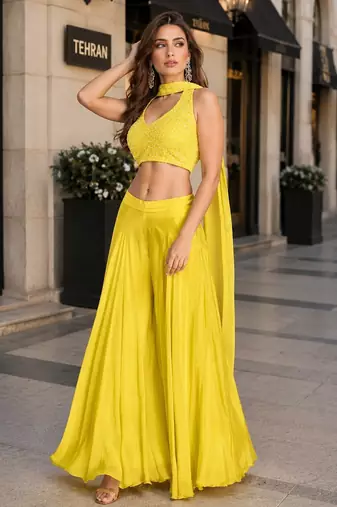 yellow sequins silk blend indo western - free size