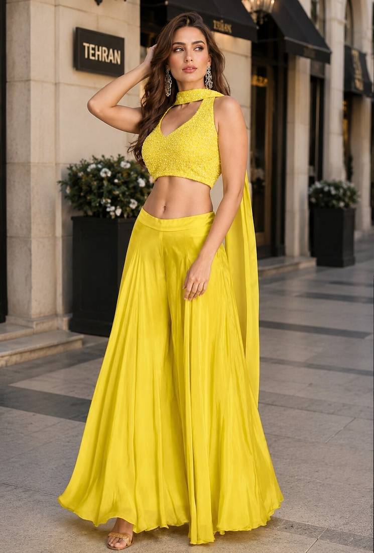 yellow sequins silk blend indo western - free size