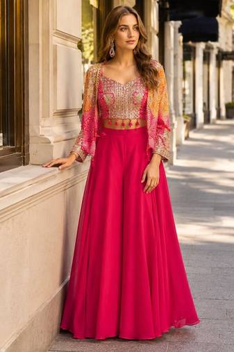 magenta digital print silk blend indo western