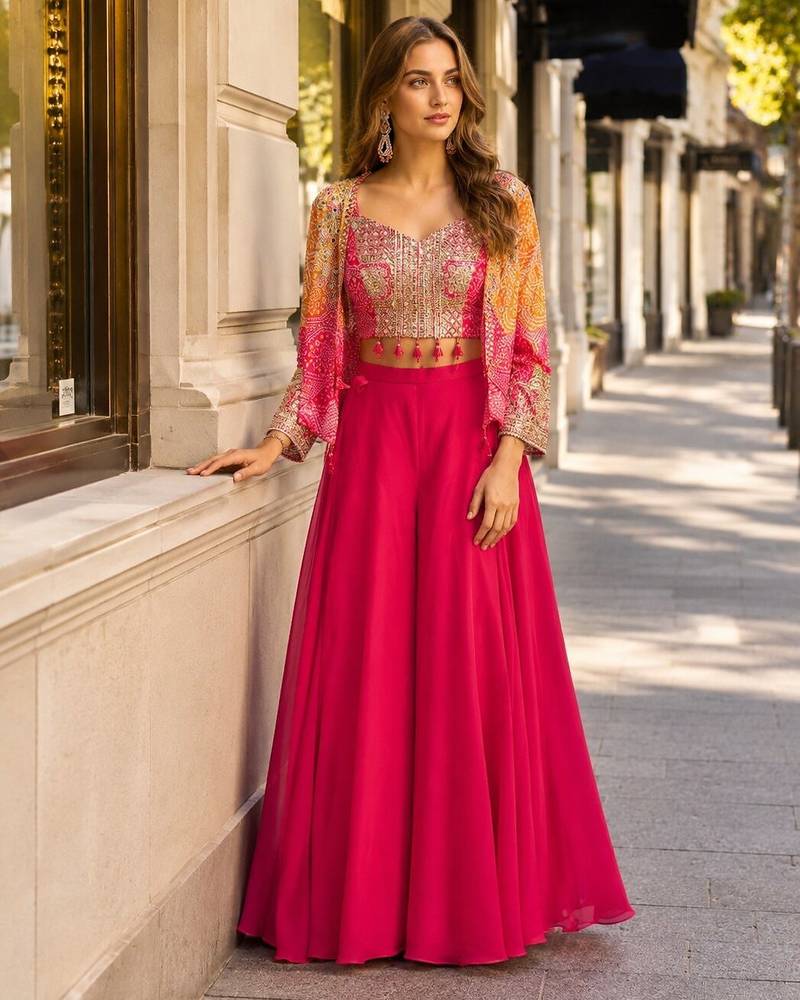 magenta digital print silk blend indo western
