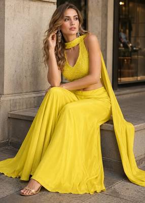 yellow sequins silk blend indo western - free size 2