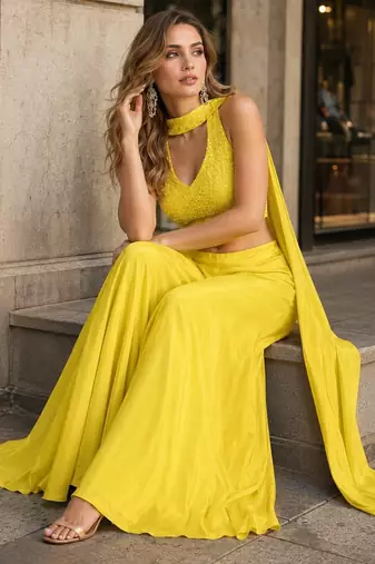 yellow sequins silk blend indo western - free size