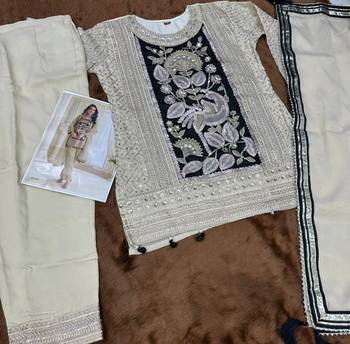 cream embroidered shimmer silk blend salwar suit - free size 3
