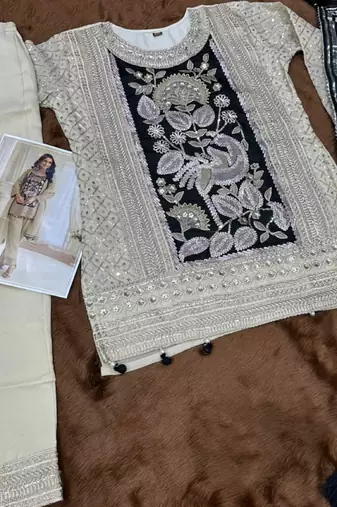 cream embroidered shimmer silk blend salwar suit - free size