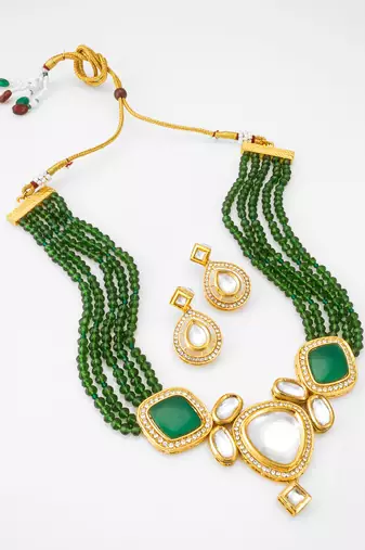 green beaded kundan necklace set