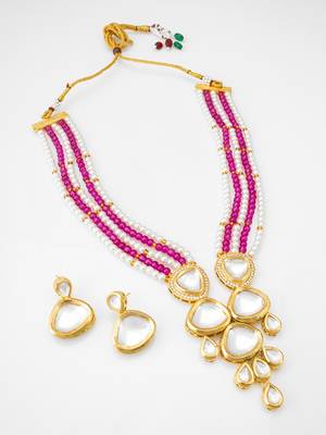 pink beaded kundan necklace set 2