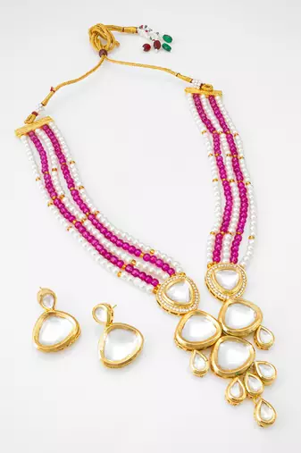 pink beaded kundan necklace set