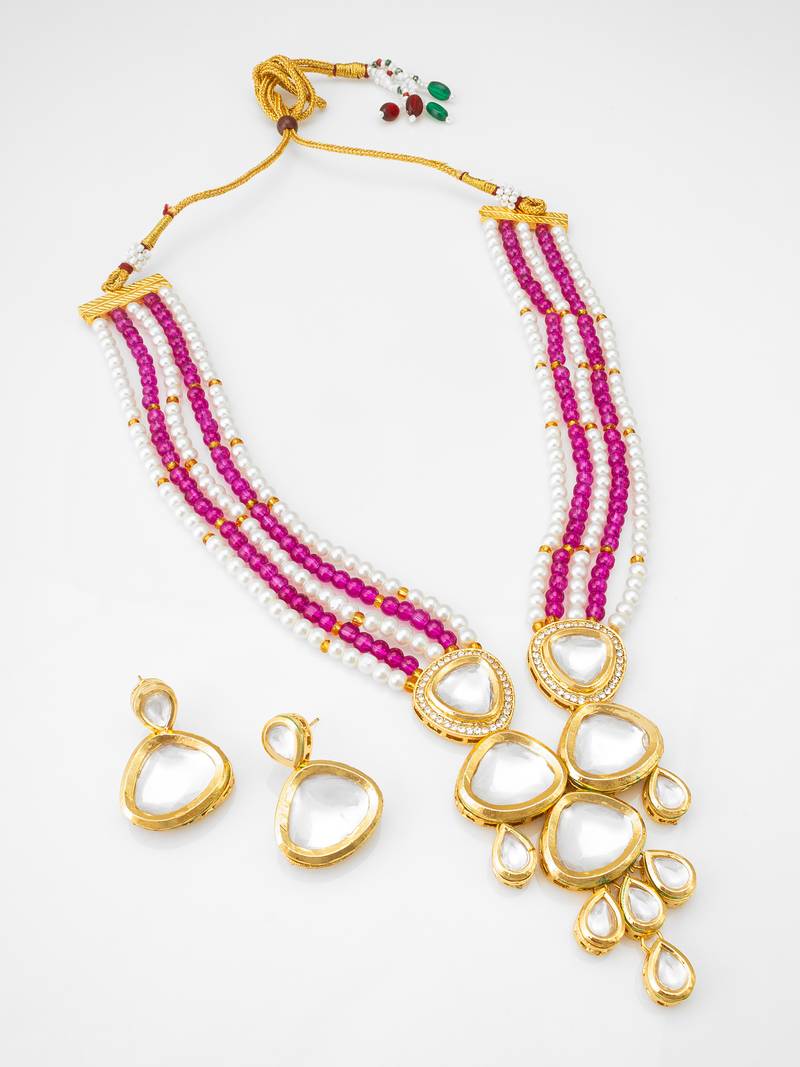 pink beaded kundan necklace set