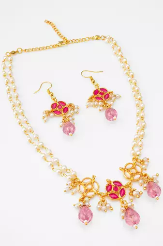 pink stone pearl necklace set