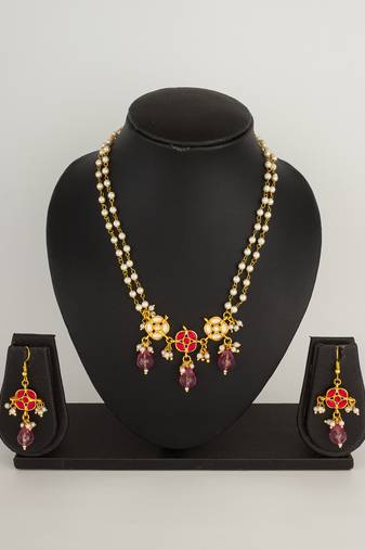 pink stone pearl necklace set